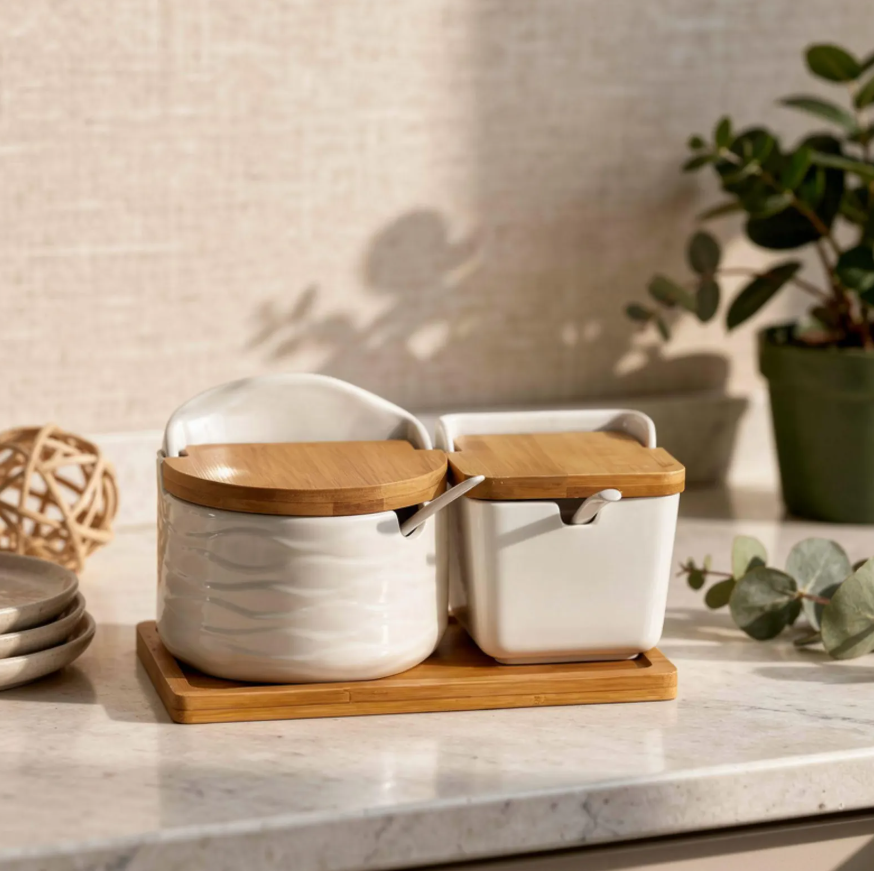 Modern Ceramic Spice Container Set with Bamboo Lids & Serving Tray