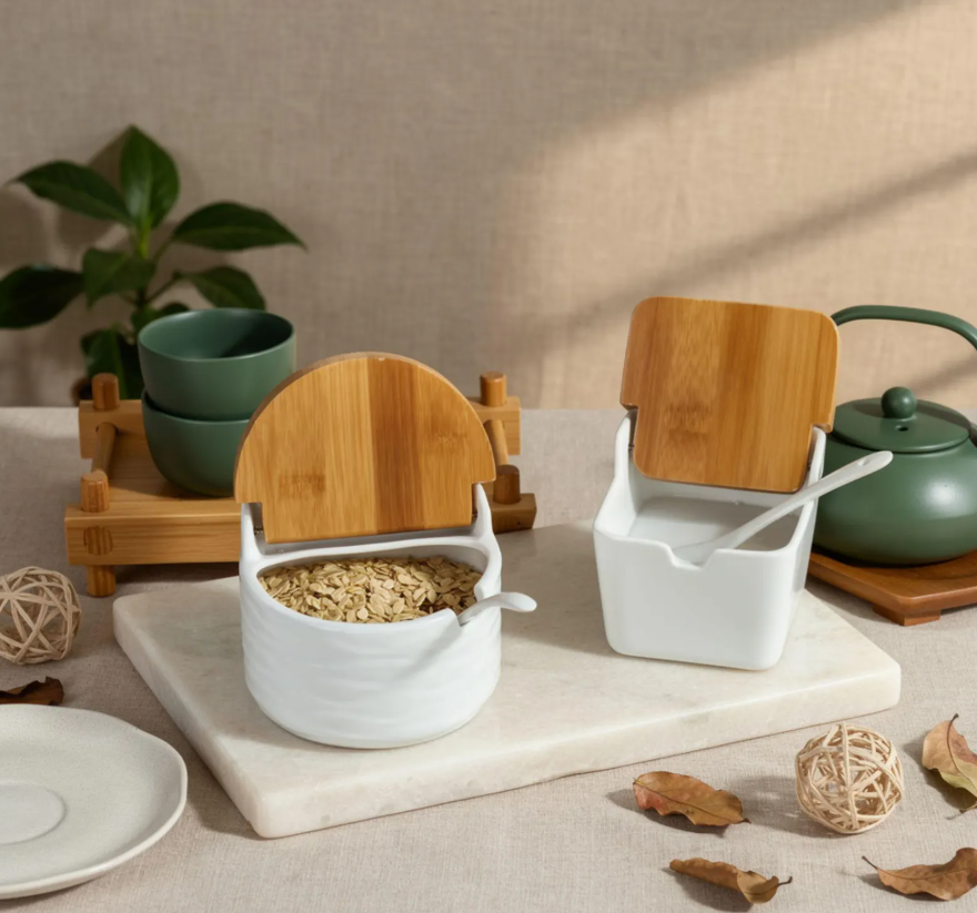 Modern Ceramic Spice Container Set with Bamboo Lids & Serving Tray