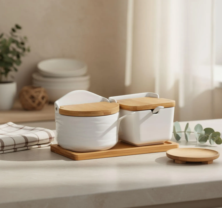 Modern Ceramic Spice Container Set with Bamboo Lids & Serving Tray