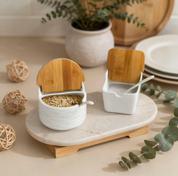 Modern Ceramic Spice Container Set with Bamboo Lids & Serving Tray