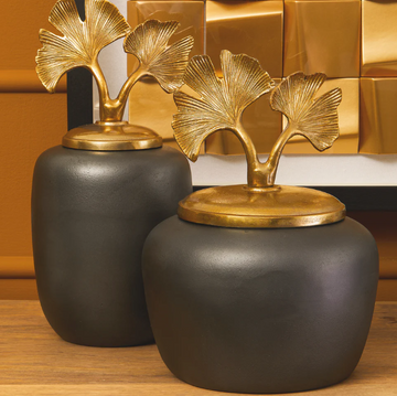 Luxury Decorative Ceramic Vase Set with Gold Ginkgo Leaf Lids (2 Pieces)
