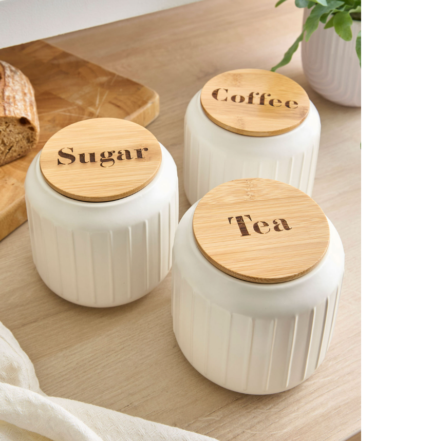 Piece Ceramic Kitchen Storage Canister Set with Bamboo Lids – Tea, Coffee & Sugar