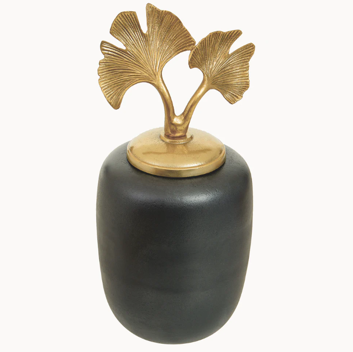 Luxury Decorative Ceramic Vase Set with Gold Ginkgo Leaf Lids (2 Pieces)