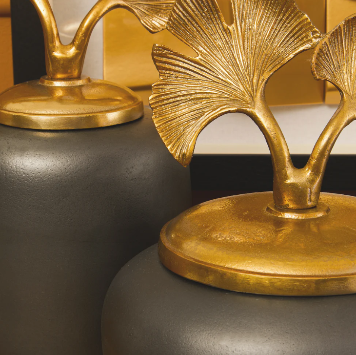Luxury Decorative Ceramic Vase Set with Gold Ginkgo Leaf Lids (2 Pieces)