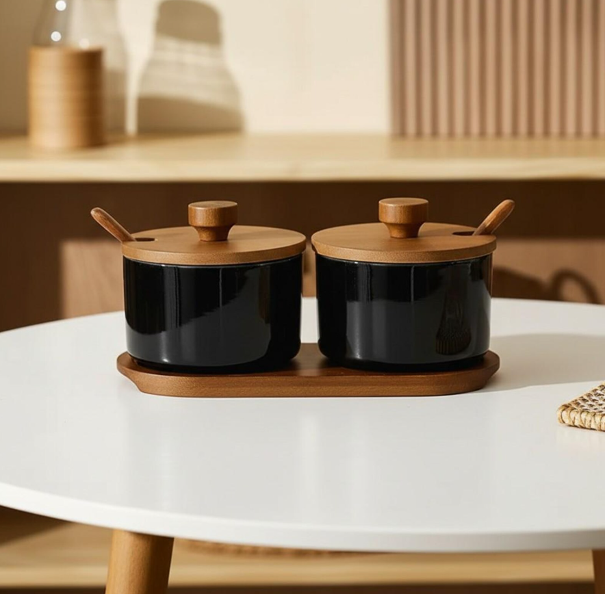 Modern Ceramic Seasoning Containers Set with Bamboo Lids & Spoons