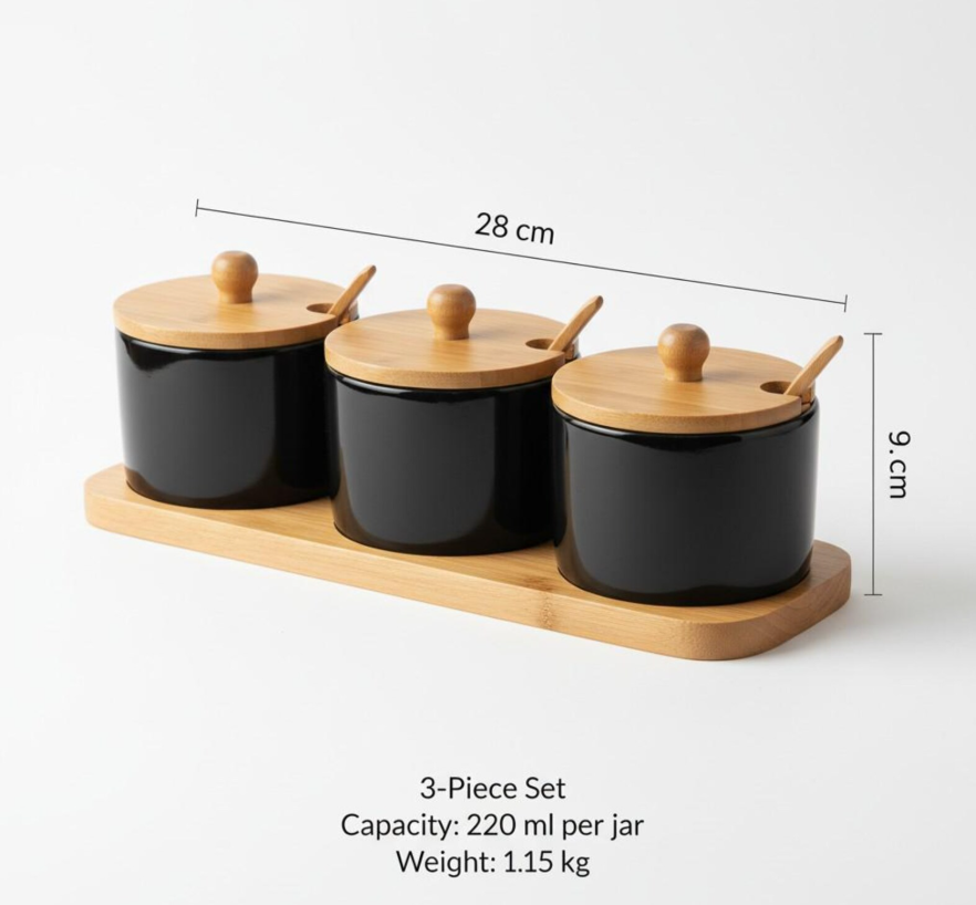 Modern Ceramic Seasoning Containers Set with Bamboo Lids & Spoons