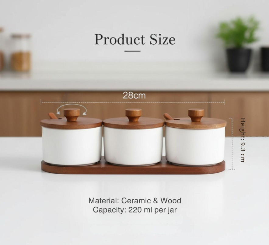 Modern Ceramic Seasoning Containers Set with Bamboo Lids & Spoons
