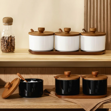 Modern Ceramic Seasoning Containers Set with Bamboo Lids & Spoons